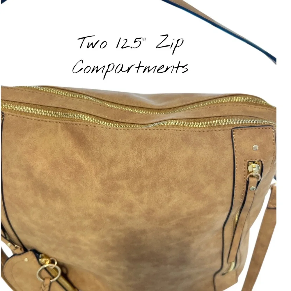 VR NYC Multi-Zip Trim Messenger Handbag Tote Purse Beige Faux Leather Urban Chic